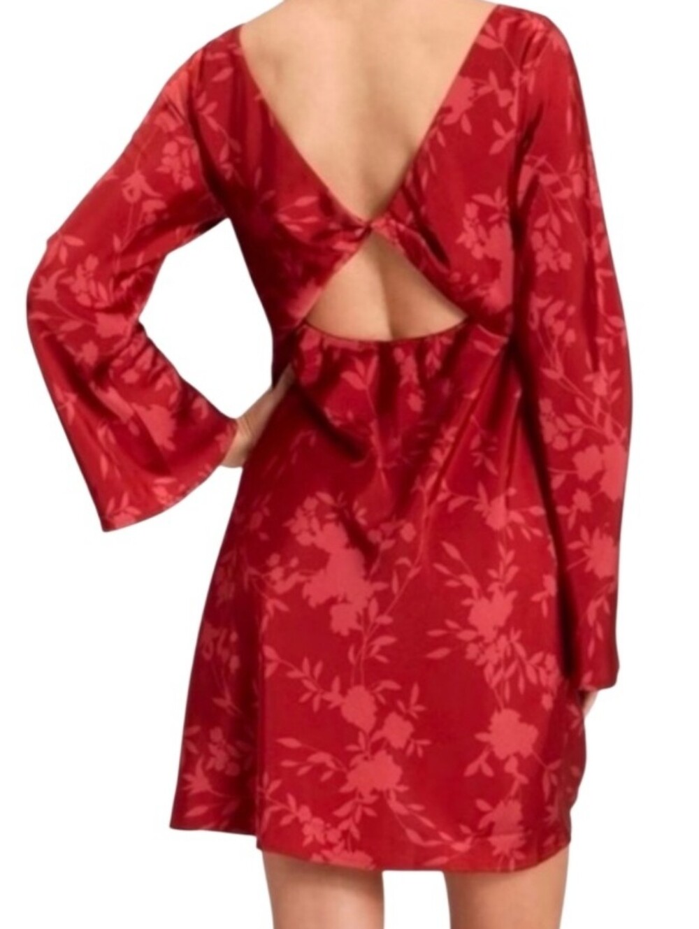 Red Satin Floral Open-Back Mini Dress Sz Small Nwt